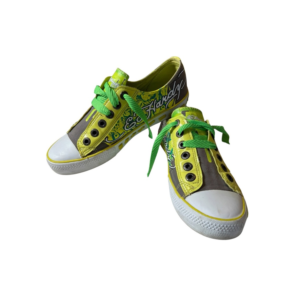 Ed Hardy Womens Low Top Tattoo Graphic Sneakers Lime Green Grey Y2K Size 6
